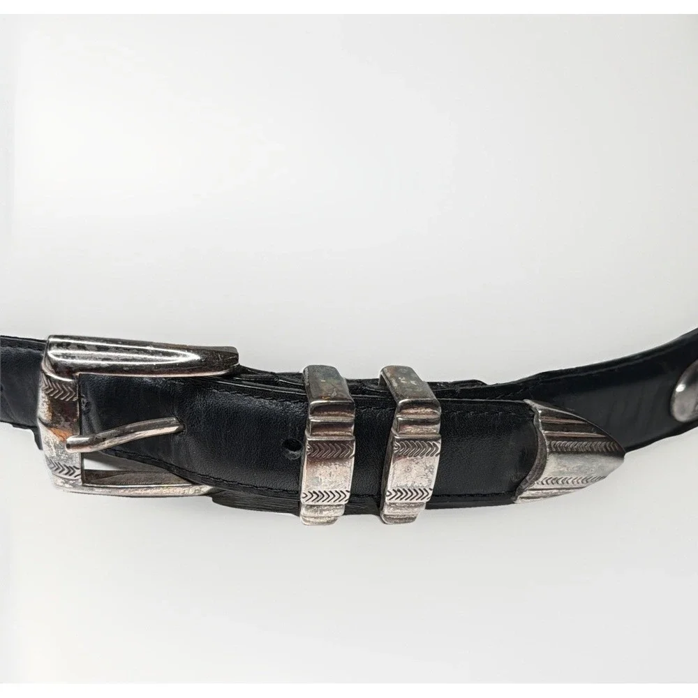 Men's Golf Black Top Grain Oil Tan Leather Belt with Nickel Hardware Size 34 VTG